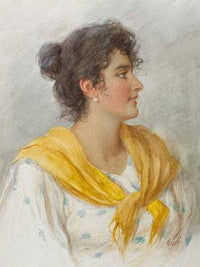 A portrait of an Italian woman in a yellow shawl by Vittorio Tessari — hand-painted portrait oil painting reproduction on canvas