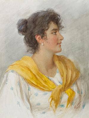 A portrait of an Italian woman in a yellow shawl on gallery wrap