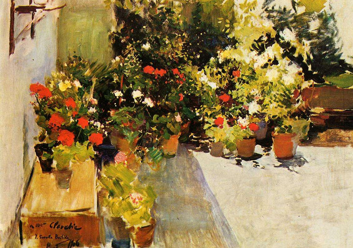 A Rooftop with Flowers by Joaquín Sorolla — hand-painted botanical oil painting reproduction on canvas