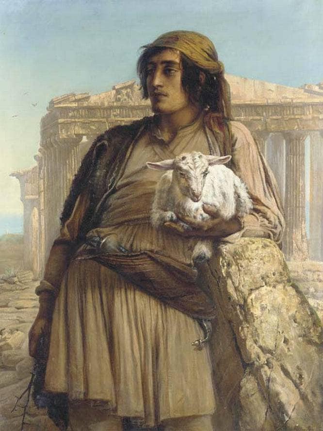 A shepherd boy standing before the Parthenon