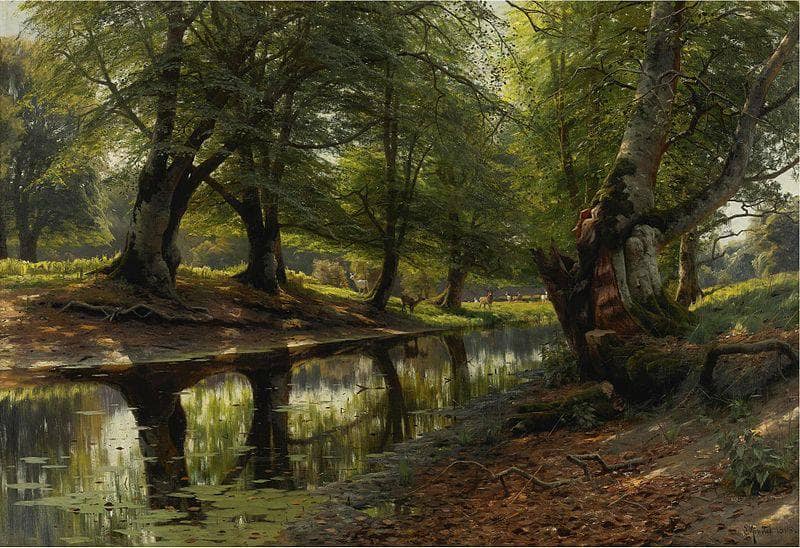 A Stream and a Deer by Peder Mørk Mønsted — hand-painted landscape oil painting reproduction on canvas