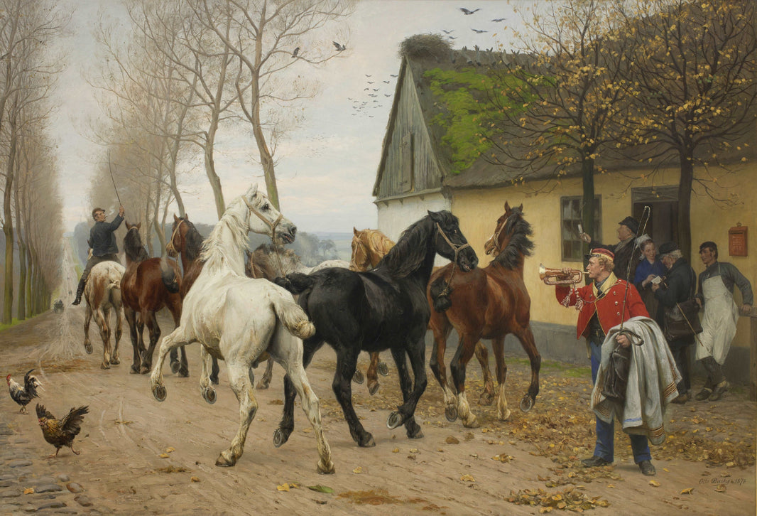 A String of Horses Outside An Inn by Otto Bache — hand-painted animal oil painting reproduction on canvas
