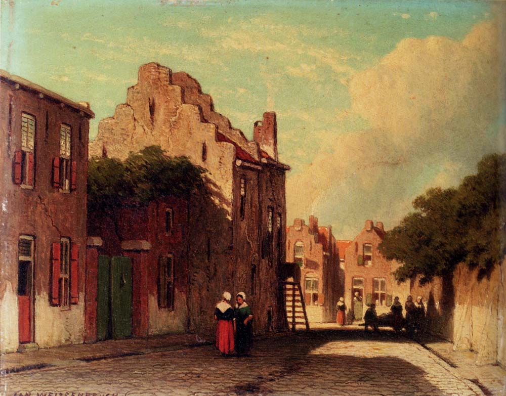 A Sunlit Townview With Figures Conversing - Johan Hendrik Weissenbruch