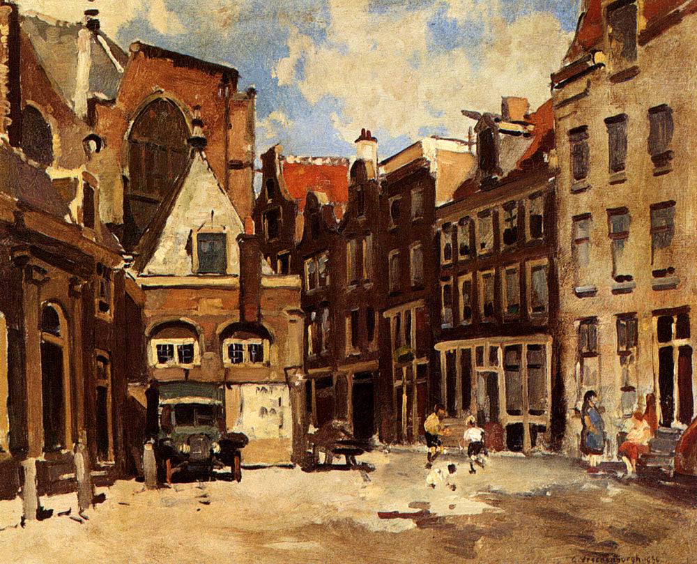 A Townscene With Children At Play, Haarlem by Cornelis Vreedenburgh — hand-painted architectural oil painting reproduction on canvas