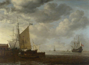 A View of An Estuary with Dutch Vessels at a Jetty and a Dutch Man of War at Anchor - Simon de Vlieger