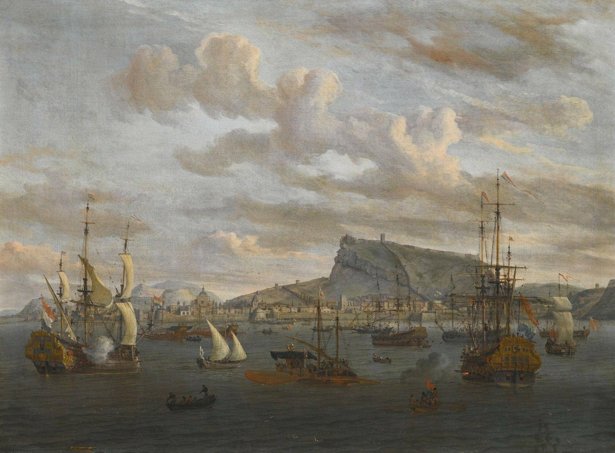 A View of Nafplion in Greece, with Dutch Indiamen, Galleys and Other Vessels Offshore - Abraham Storck