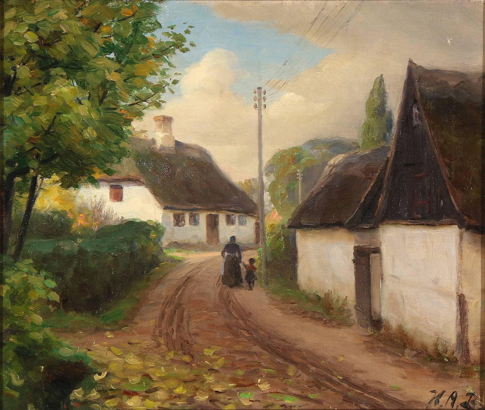 A Village Road with a Woman and Child Walking Hand in Hand