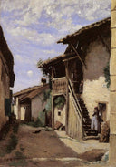 A Village Street, Dardagny by Camille Corot — hand-painted architectural oil painting reproduction on canvas
