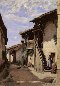 A Village Street, Dardagny by Camille Corot — hand-painted architectural oil painting reproduction on canvas