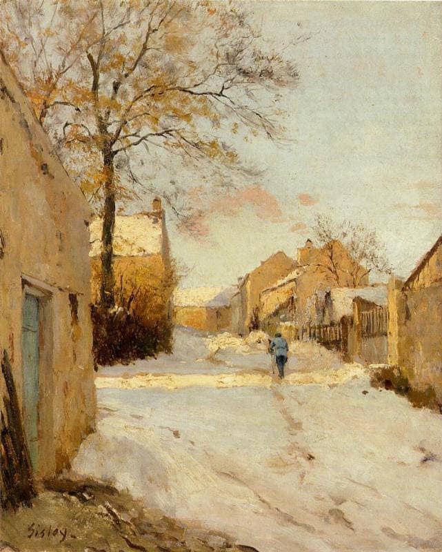 A Village Street in Winter by Alfred Sisley — hand-painted architectural oil painting reproduction on canvas