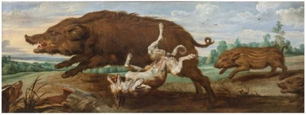 A Wild Boar with its Piglets Being Chased by Hounds by Paul de Vos, hand-painted animal oil painting reproduction on canvas
