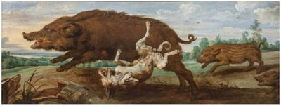 A Wild Boar with its Piglets Being Chased by Hounds