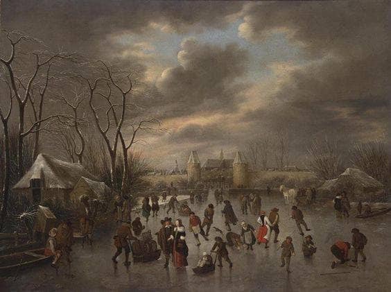 A winter landscape with a view of haarlem from the north with the eentjes or leidse waterpoort and the langebrug, and a view of the st. Bavo and the bakenesse church beyond