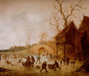A Winter Landscape with Skaters, Children Playing Kolf and Figures with Sledges on the Ice near a Bridge by Isaac van Ostade — children oil painting wall art, Baroque