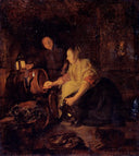 A Woman Drawing Wine from a Barrel by Gabriel Metsu — female oil painting wall art, Baroque