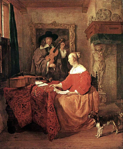 A Woman Seated at a Table and a Man Tuning a Violin in kitchen