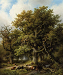 A wooded landscape with a herdsman and his cattle resting under an oak tree by Barend Cornelis Koekkoek — forest oil painting wall art, Romanticism