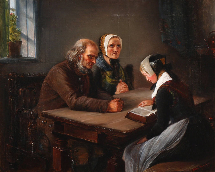 A young girl reads out the Bible, the grandparents listen devoutly - Elisabeth Jerichau-Baumann