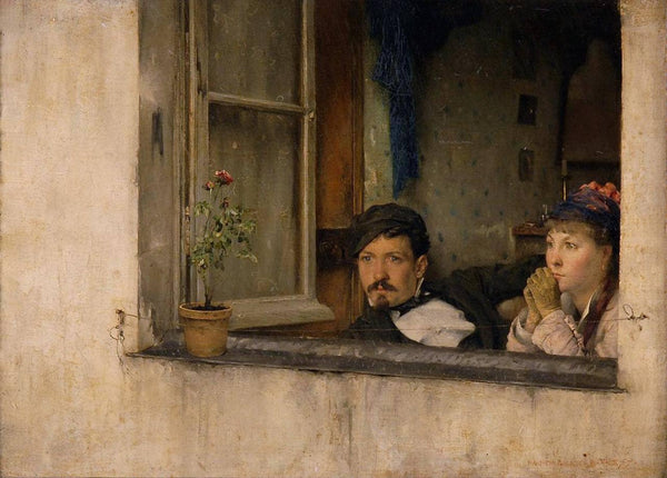 A young man and woman gaze out a window