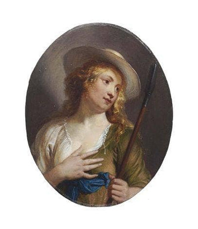 A young shepherdess wearing a straw hat with a shepherd's crook