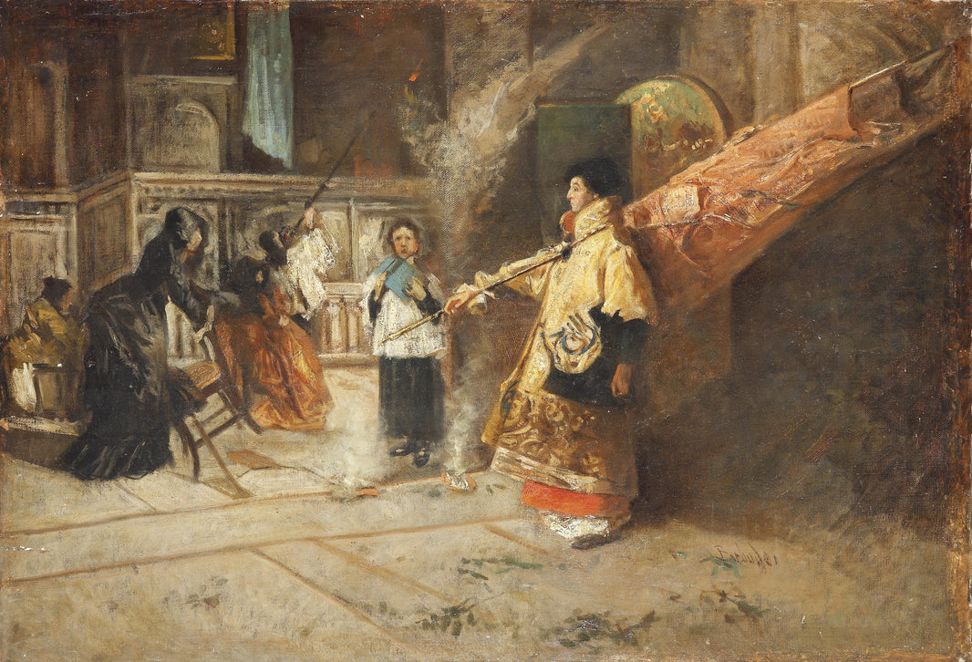 A young standard-bearer in the sacristy by Salvador Sánchez Barbudo — hand-painted architectural oil painting reproduction on canvas