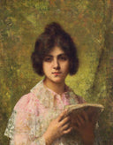 A young woman holding a book by Alexei Harlamoff — female oil painting wall art, Realism