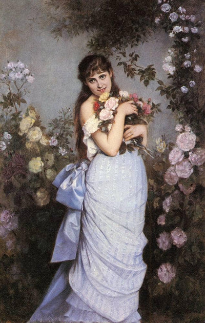 A Young Woman in a Rose Garden by Auguste Toulmouche — oil painting reproduction