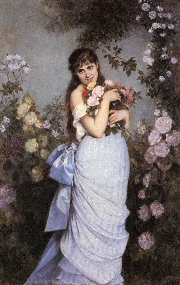 A Young Woman in a Rose Garden by Auguste Toulmouche — hand-painted botanical oil painting reproduction on canvas