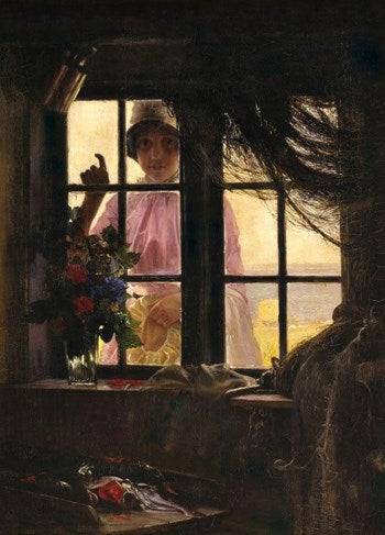 A Young Woman Knocking at the Fishermanâs Window - Carl Bloch