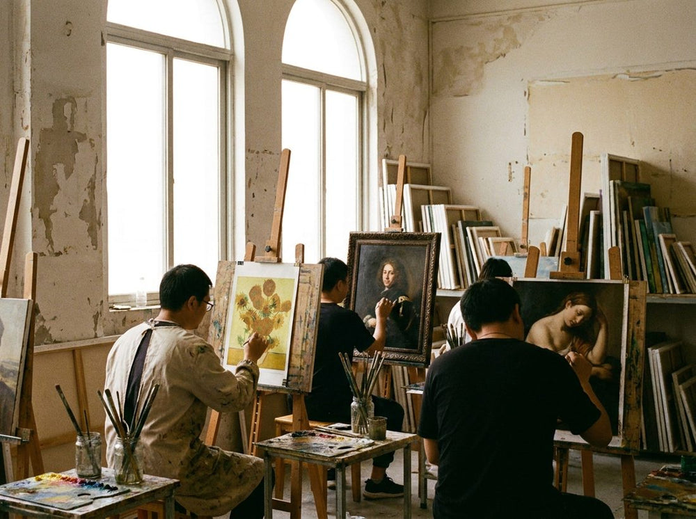 Painters at their easels in the studio, each on a different reproduction