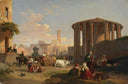 Temple of Hercules Victor, The Piazza di Bocca della Verita and the Church of Santa Maria in Cosmedin by Penry Williams — hand-painted architectural oil painting reproduction on canvas