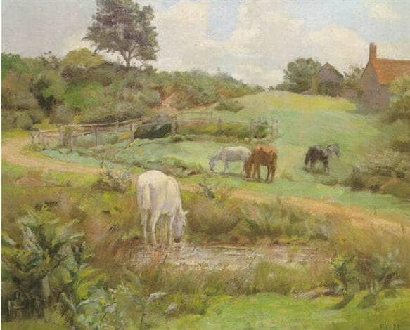 Horses grazing in a Normandy landscape by Frank O'Meara — hand-painted animal oil painting reproduction on canvas