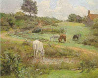 Horses grazing in a Normandy landscape by Frank O'Meara — hand-painted animal oil painting reproduction on canvas