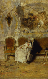 Alone, in a corner of the Salon by Giacomo Favretto — hand-painted portrait oil painting reproduction on canvas