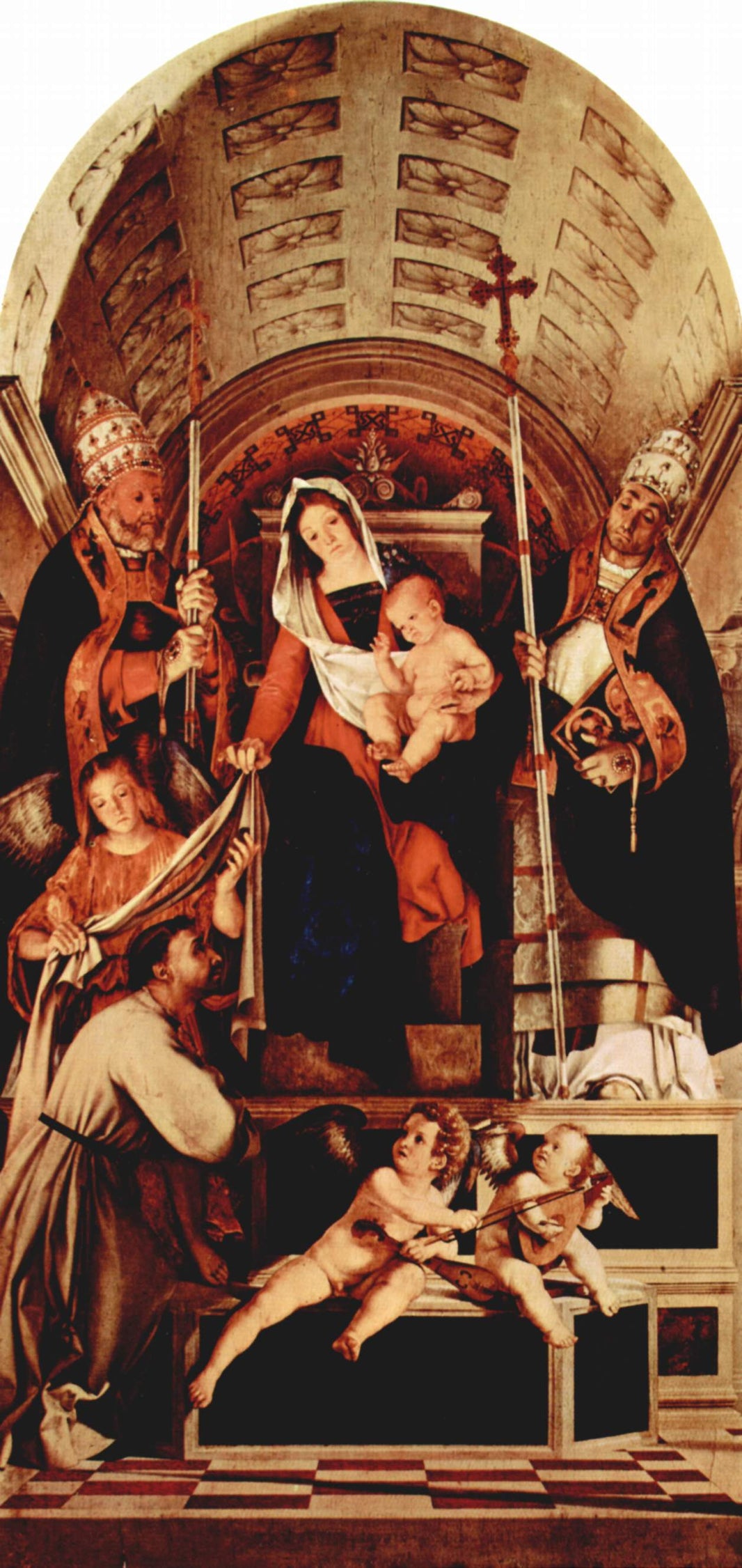 Altar of Recanati polyptych, main board: Madonna Enthroned with the Christ child, three angels, St. Dominic, St. Gregory and St. Urban by Lorenzo Lotto, hand-painted cultural oil painting reproduction on canvas