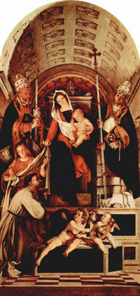 Altar of Recanati polyptych, main board: Madonna Enthroned with the Christ child, three angels, St. Dominic, St. Gregory and St. Urban