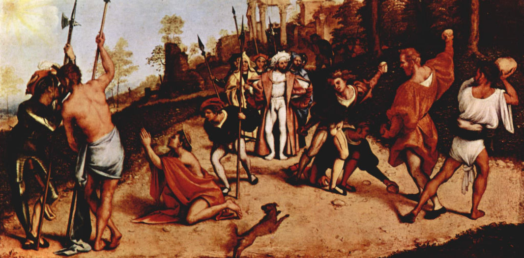 Altar polyptych of San Bartolomeo, Bergamo, foot plate: Martyrdom of St. Stephen by Lorenzo Lotto, hand-painted cultural oil painting reproduction on canvas