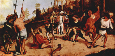 Altar polyptych of San Bartolomeo, Bergamo, foot plate: Martyrdom of St. Stephen in kitchen