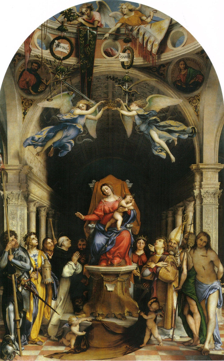 Altar polyptych of San Bartolomeo, Bergamo, main panel: Enthroned Madonna with Angels and Saints - Alexander of Bergamo, Barbara, Roch, Dominic by Lorenzo Lotto — hand-painted cultural oil painting reproduction on canvas
