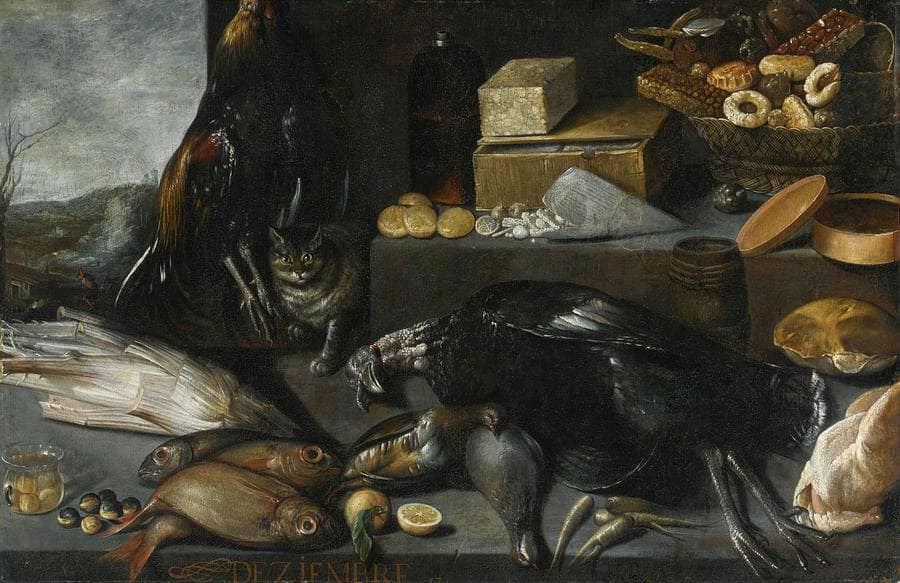 An allegory of the month of december, with a cat and a still life of fowl, fish by Francisco Barrera — hand-painted still oil painting reproduction on canvas
