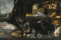 An allegory of the month of december, with a cat and a still life of fowl, fish