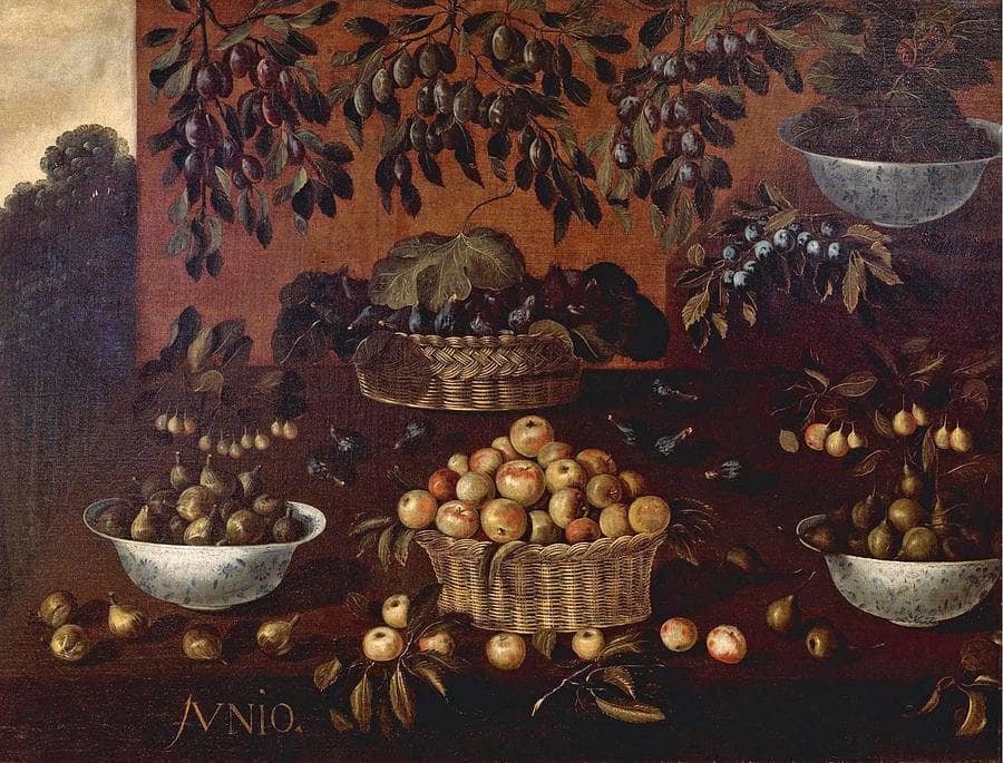 An Allegory Of The Month Of June. Still Life Of Apples, Plums, Figs And Blackberries In Wicker Baskets And Porcelain Bowls, Arranged On A Stepped Ledge, With Branches Of Plums Suspended From Above