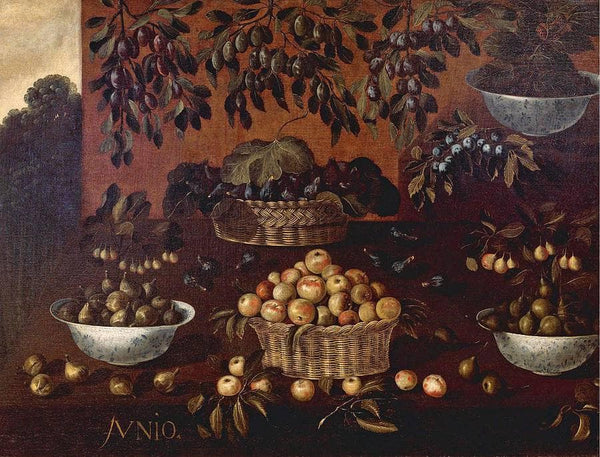 An Allegory Of The Month Of June. Still Life Of Apples, Plums, Figs And Blackberries In Wicker Baskets And Porcelain Bowls, Arranged On A Stepped Ledge, With Branches Of Plums Suspended From Above