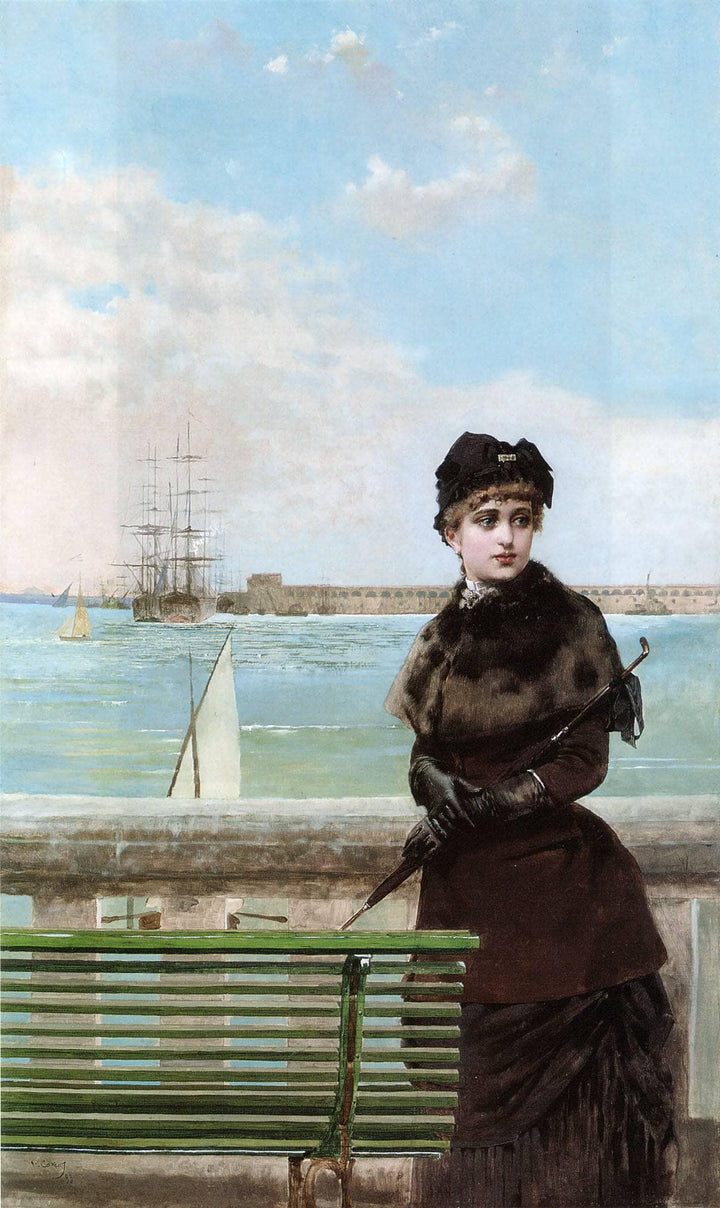 An elegant woman at St.Malo by Vittorio Matteo Corcos — hand-painted landscape oil painting reproduction on canvas