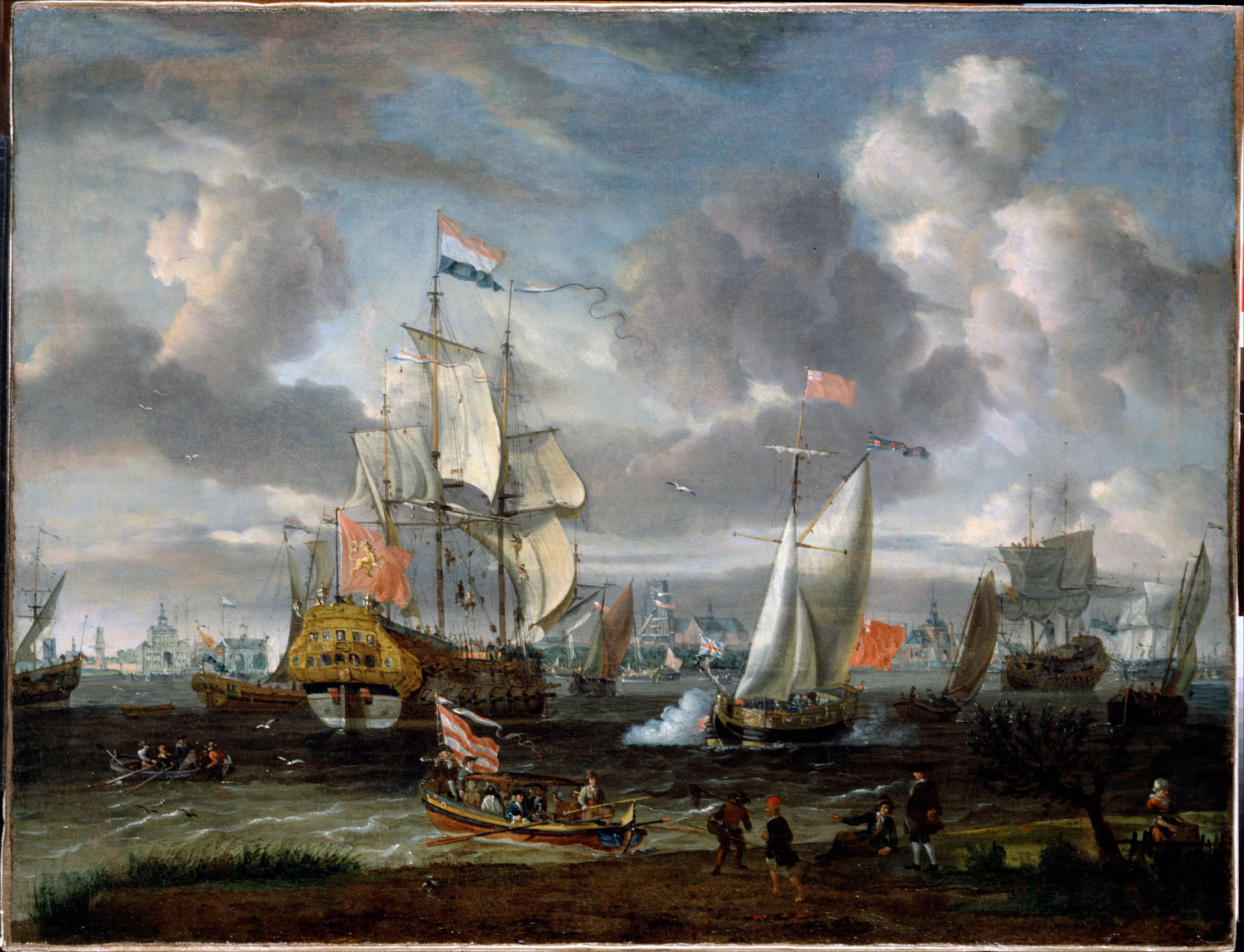 An English Yacht Saluting a Dutch Man-of-war in the Port of Rotterdam - Abraham Storck