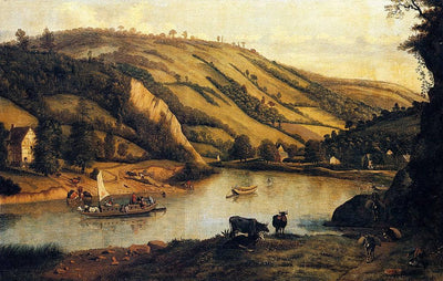 An Extensive River landscape, Probably Derbyshire, With Drovers And Their Cattle In The Foreground in living room