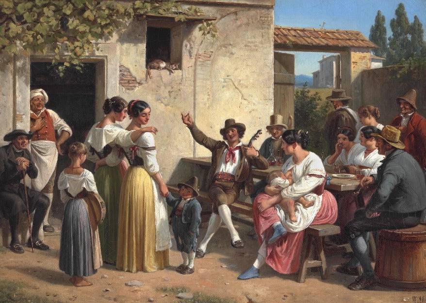 An improviser. A fisherman from Ischia is improvising for the young girls on his lute - Wilhelm Marstrand