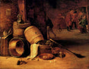 An interior scene with pots, barrels, baskets, onions and cabbages with boors carousing in the background by David Teniers the Younger — hand-painted photography oil painting reproduction on canvas