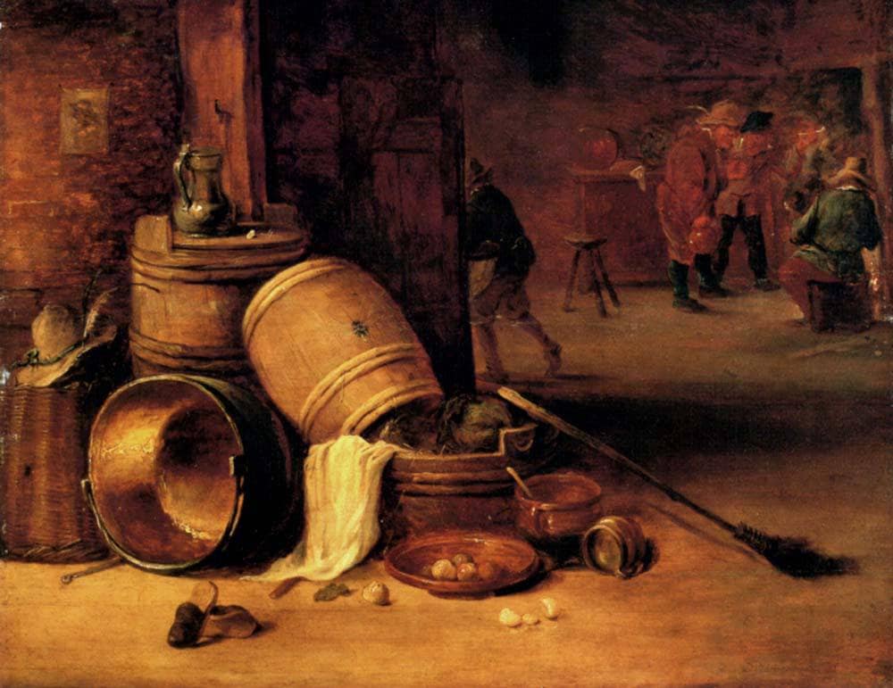 An interior scene with pots, barrels, baskets, onions and cabbages with boors carousing in the background