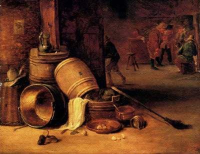 An interior scene with pots, barrels, baskets, onions and cabbages with boors carousing in the background in bedroom